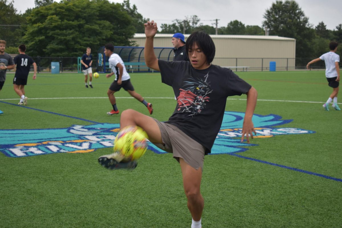 Angel Ochoa-Delgado, a first-year defender, practices for the opening soccer game of the season.