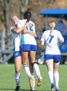 Tina Tinelli, left, a second-year Riverhawks defender, is part of the National Junior College Athletic Association’s Division II All-American women’s soccer team.